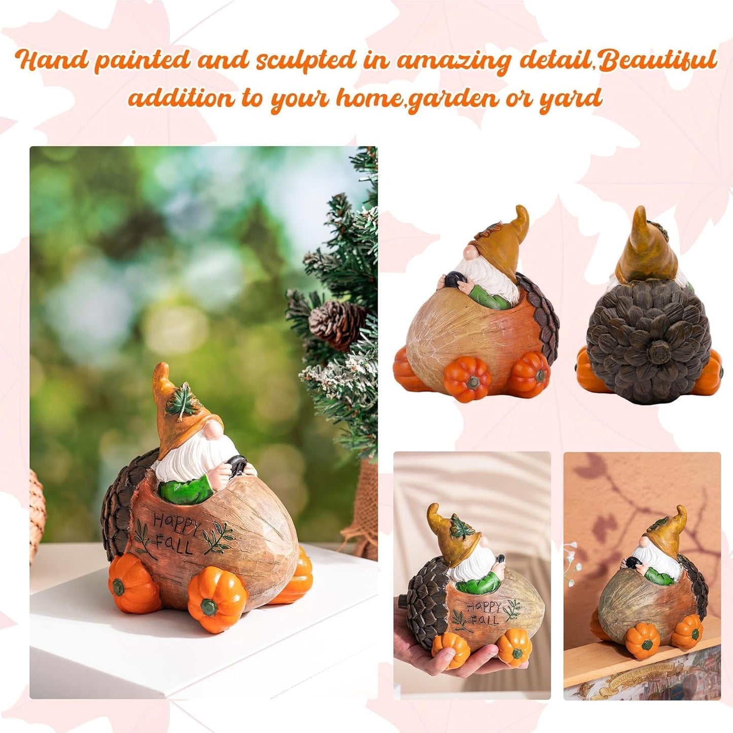 Topadorn Fall Gnome Statue Pine Cone Car with Pumpkin Wheel, Autumn Harvest Gnome Resin Figurine for Home and Outdoor, Thanksgiving Party Home Gnomes Decor
