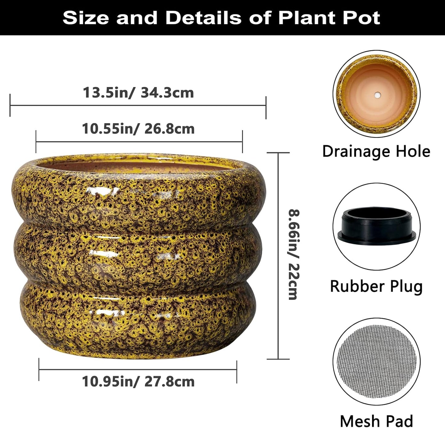 SQOWL Ceramic Pots for Plants - 13.5 Inch Ceramic Planter for Indoor Plants, Large Plant Pots with Drainage Hole, Round Flower Pot Outdoor, Bubble Planter, Room Decor, Gifts for Plant Lover, Yellow