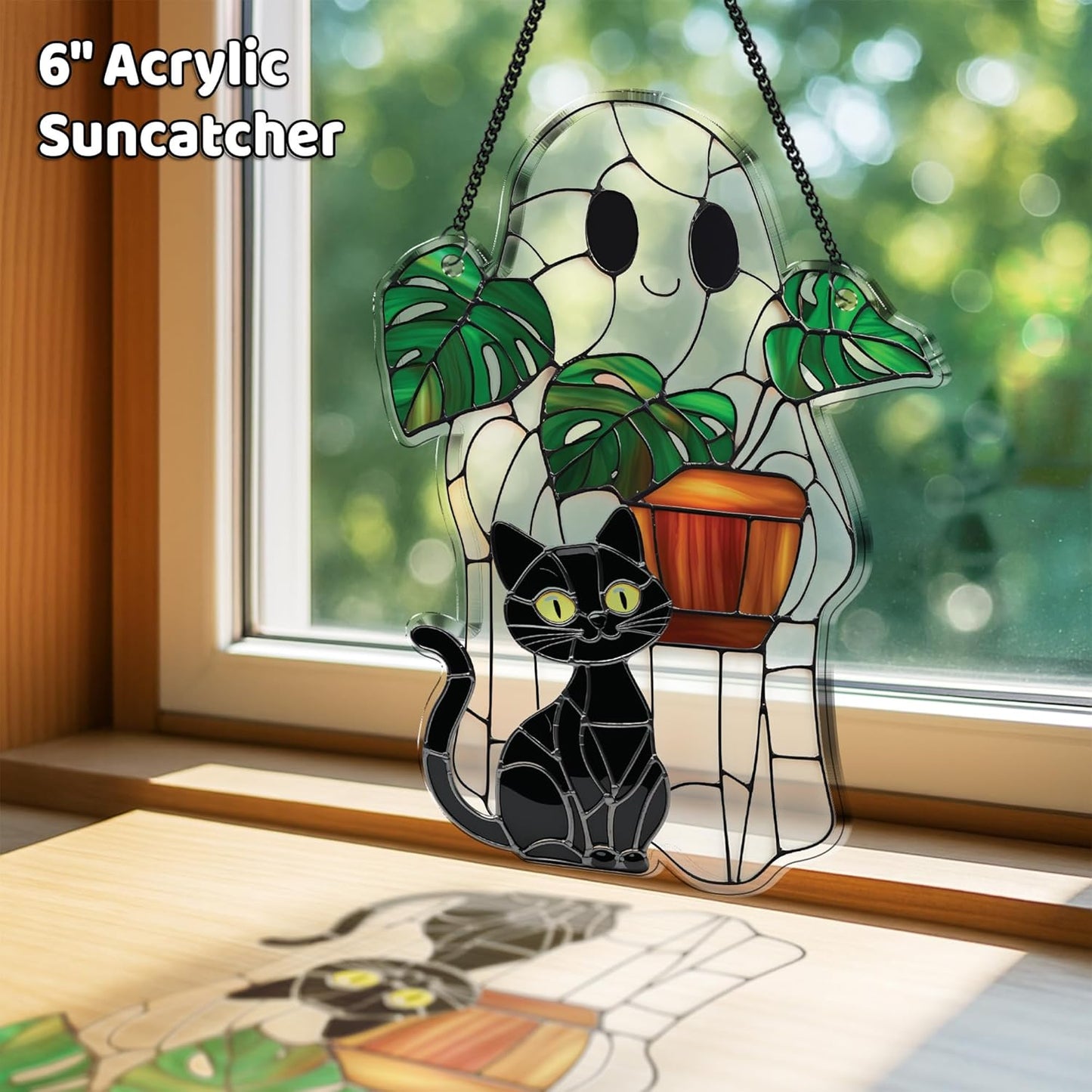 2 Cute Halloween Suncatcher Decorations, Spooky Cute Ghost Plant Window Hangings, Ghost with Black Cat Greenhouse, Pumpkin Ornaments Home Garden, Gifts for Plant Lovers, Women