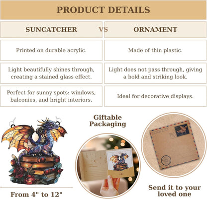 Dragon and Book Bookish Acrylic Suncatcher Stained Glass Effect Window Car Hanging Christmas Ornament Indoor Outdoor Decor Garden Bookworm Sun Catcher Book Lover for Women Mom Grandma