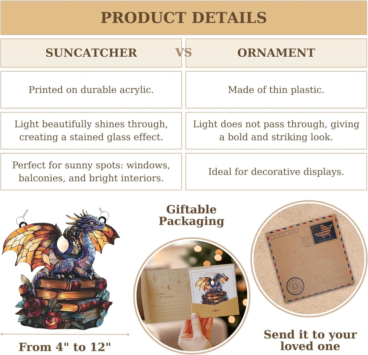 Dragon and Book Bookish Acrylic Suncatcher Stained Glass Effect Window Car Hanging Christmas Ornament Indoor Outdoor Decor Garden Bookworm Sun Catcher Book Lover for Women Mom Grandma