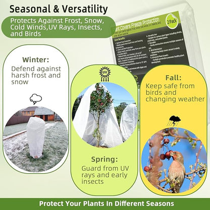 2 Pack Plant Covers Freeze Protection, 75"W x 90"H Winter Frost Blanket 2.36 oz/yd² Fabric Frost Cloth Tree Covers Shrub Jacket Bag with Zipper & Drawstring for Plants Fruit Tree Shrub Potted - White