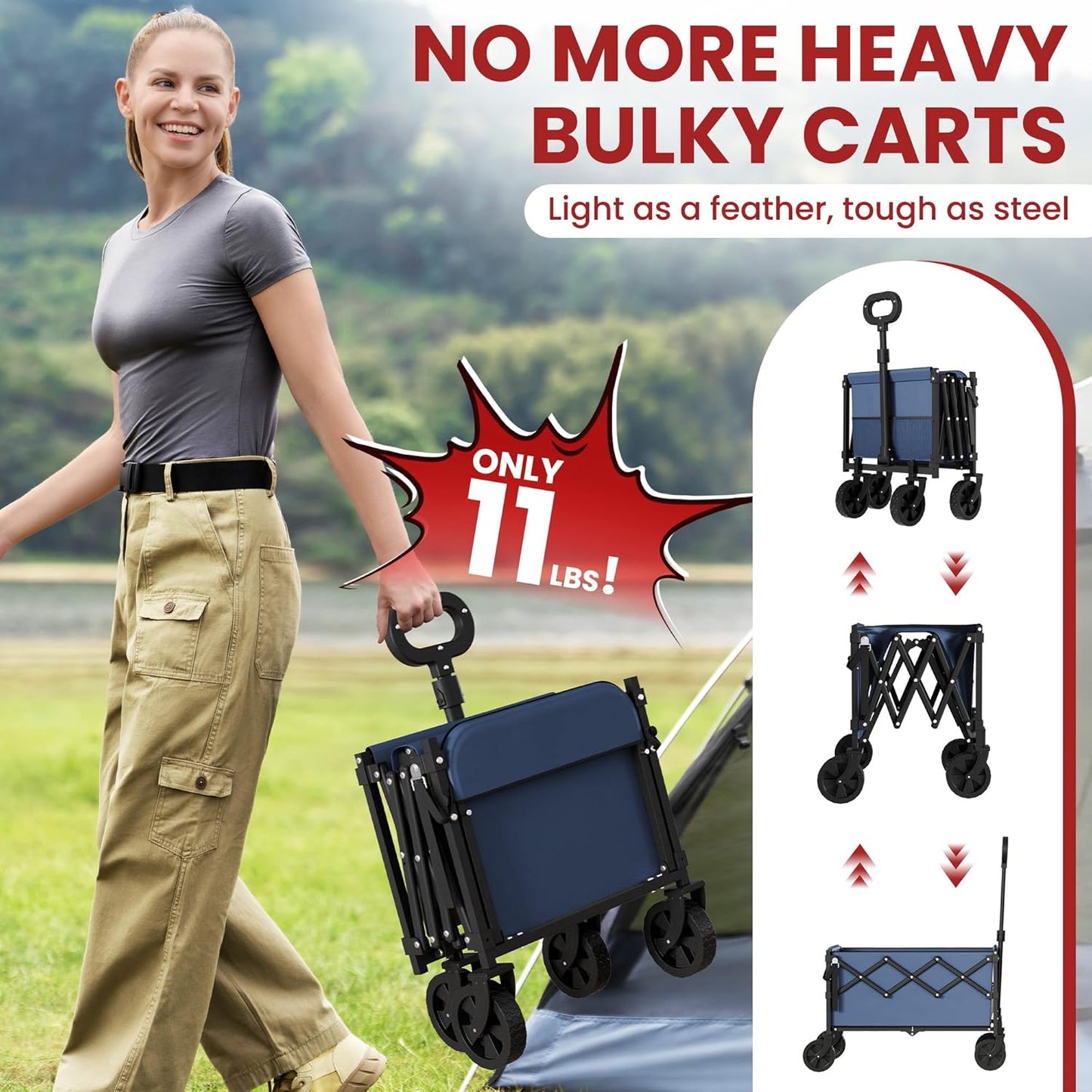 Collapsible Wagon with Wheels & Tailgate, 350LBS Wagons Carts Foldable Heavy Duty, Lightweight Portable Folding Utility Wagon Grocery Shopping Cart for Garden, Camping, Beach (Navy)