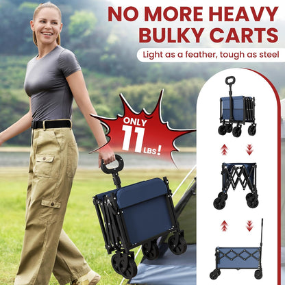 Collapsible Wagon with Wheels & Tailgate, 350LBS Wagons Carts Foldable Heavy Duty, Lightweight Portable Folding Utility Wagon Grocery Shopping Cart for Garden, Camping, Beach (Navy)