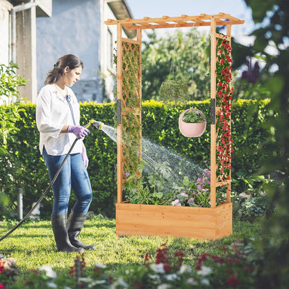 S AFSTAR 72 Inch Raised Garden Bed with Arch Trellis, Hanging Roof & Drainage Holes, 2 Pieces Vertical Plant Container for Vine Climbing Plant Flower, Outdoor Wood Elevated Planter Box for Garden