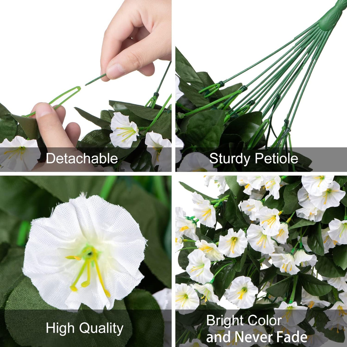 HyeFlora Artificial Fake Hanging Flowers Plants Vines for Outdoor Summer Decoration, 2PCS Faux Silk White Morning Glory Look Real UV Resistant for Home Outside Planter Porch Patio