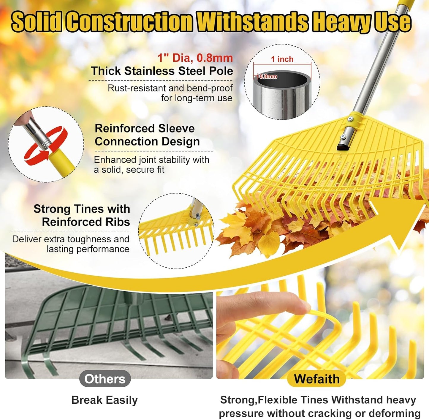 Plastic Leaf Rake for Lawns - Lightweight & Easy Yard Rakes for Leaves, Grass, Pine Needles,Gardening,Heavy Duty 16.5''Wide Garden Rake with Adjustable Handle (35''-75'') for Women,Seniors,Kids