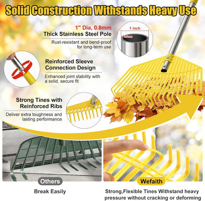 Plastic Leaf Rake for Lawns - Lightweight & Easy Yard Rakes for Leaves, Grass, Pine Needles,Gardening,Heavy Duty 16.5''Wide Garden Rake with Adjustable Handle (35''-75'') for Women,Seniors,Kids