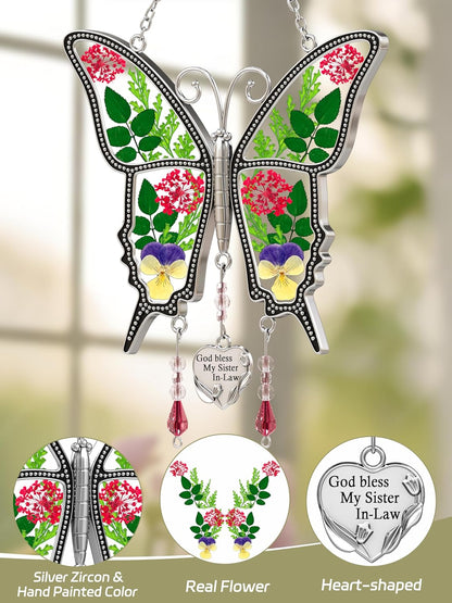 KY&BOSAM Gifts for Sister God Bless My Sister in-Law Butterfly Suncatcher Stained Glass Suncatchers for Window with Real Dried and Pressed Flowers Heart Charm Mother`s Day Birthday