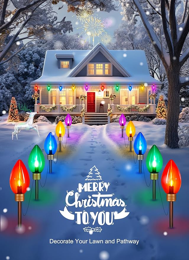 Brightown Super Jumbo C9 Christmas Pathway Lights Outdoor - 2 Pack 11 Feet 5 LED Jumbo C9 Pathway Lights, Jumbo Colored Light Bulb Christmas Lights Outdoor Decorations for Lawn Holiday Yard Multicolor