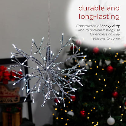 Alpine Corporation 16"H Indoor Holiday 3D Snowflake Hanging Ornament with LED Lights, White , Christmas Decoration