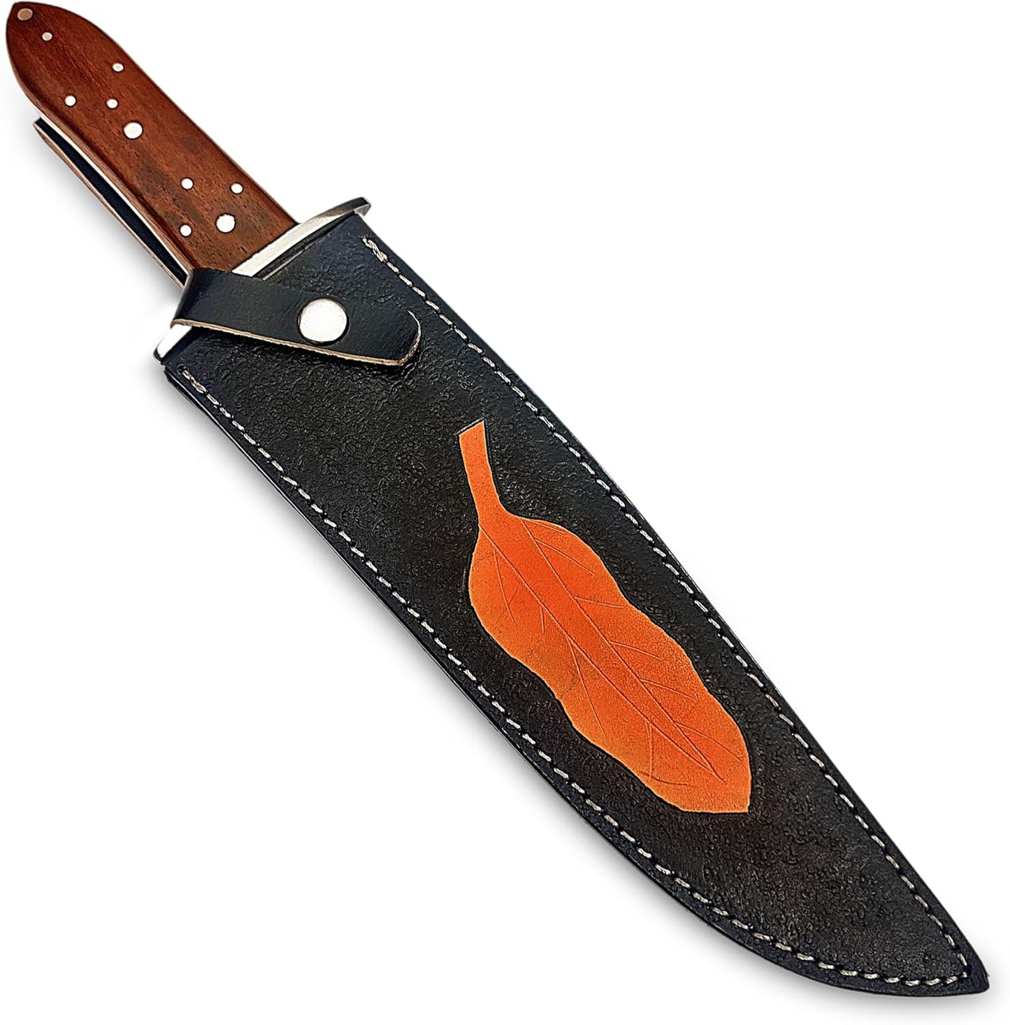 Handmade D2 Steel 14 Inches Full Tang Bowie Knife with leather sheath, Hunting knife with Wood Handle and steel Guard Ideal for Bushcraft, Camping, Survival, Hunting & outdoor use (I9S6)