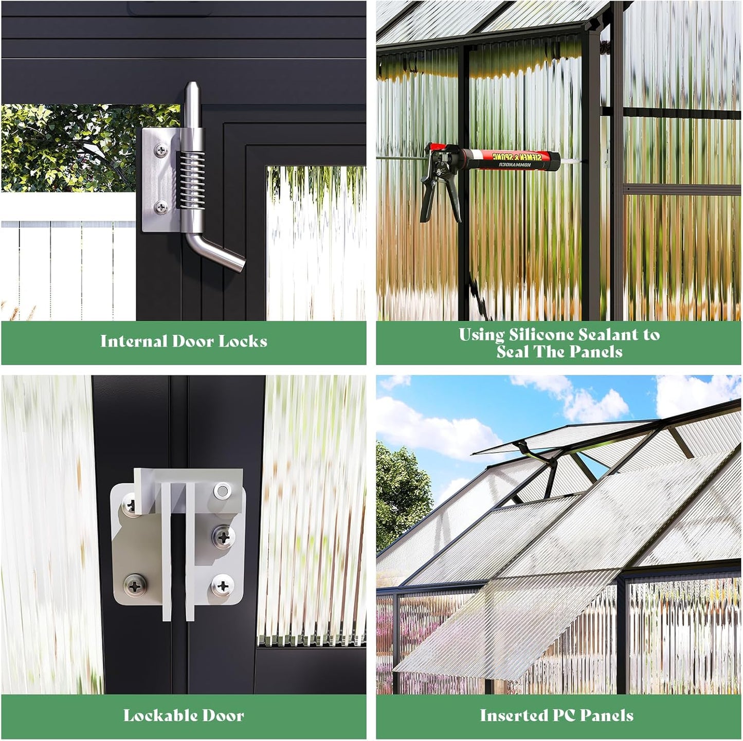 Amerlife 8x8x7 FT Outdoor Polycarbonate Greenhouse, Walk-in Aluminum Frame Design with Two Windows & Swing Door, Durable Garden Structure in Black