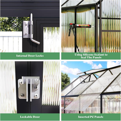Amerlife 6x10x6.3 FT Outdoor Polycarbonate Greenhouse, Walk-in Aluminum Frame Structure with Dual Windows & Swing Door, Heavy-Duty Garden Building in Black