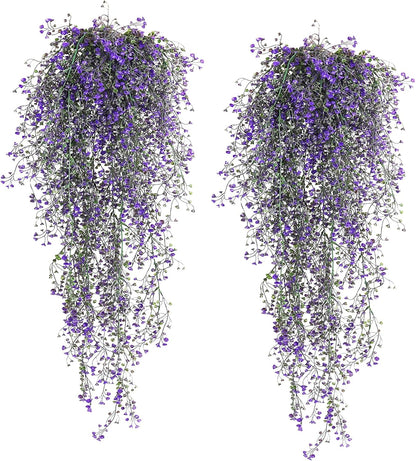 RECUTMS Artificial Vine Plants 2 Pack Fake Hanging Flower Plants Faux Ivy Vine Leaves Plastic Baby Breath Greenery UV Resistant for Home Bedroom Wall Porch Garden Wedding Decor (Purple)