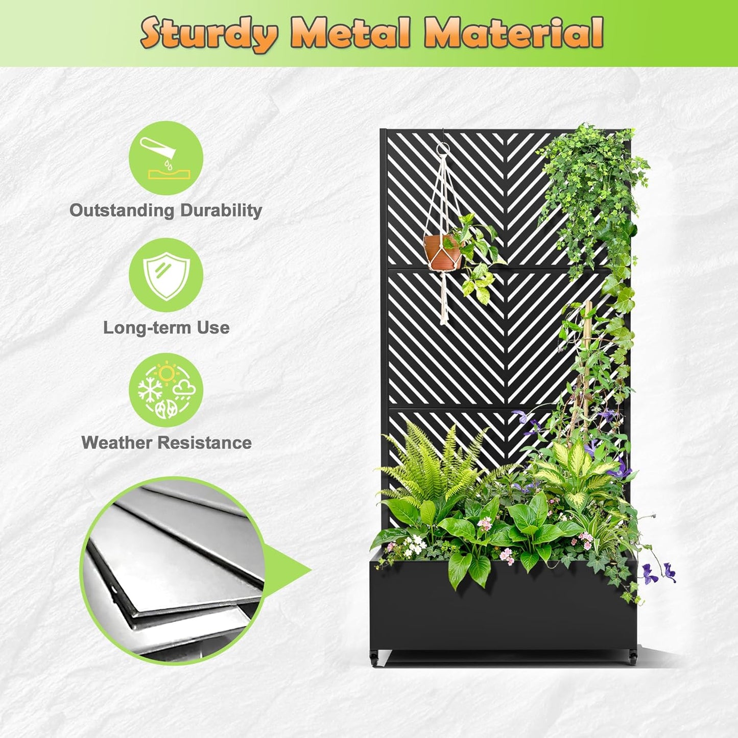 Metal Raised Garden Bed with Trellis, 2-in-1 Planter Box & Privacy Screen for Climbing Plants, Outdoor Standing Flower Bed with Drainage Holes, 35.4" L x 15.7" W x 70.1" H, Black-Parallel