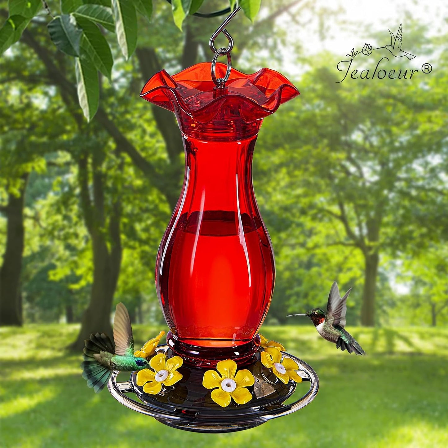 Hummingbird Feeder for Outdoors Hanging, 18 OZ Humming Birds Feeders with 6 Bee Guard Feeding Ports & Built-in Ant Moat, Easy to Clean, Durable Outdoor Garden Decor (Red 2 Pack-CC)
