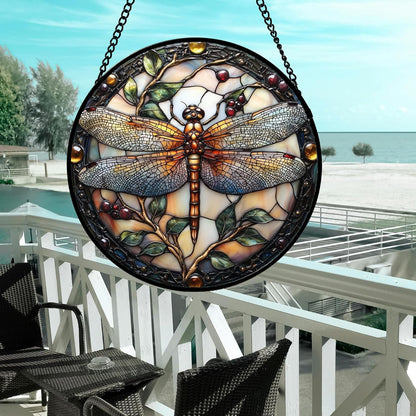 Stained Glass Window Hanging - Dragonfly Plant Suncatcher Ready to Hang Window Doors Home Decoration, Christmas, Mother's Day Birthday Gifts for Women, Men, and Mom 14.9x14.9 in