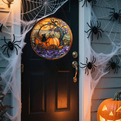 Stained Glass Window Hanging - Halloween Pumpkin Carriage Black Cat Suncatcher for Doors Window Garden Spooky Sun Catchers Gothic Decor Horror Gifts for Women Men Friend Boy Girl 9.8 in