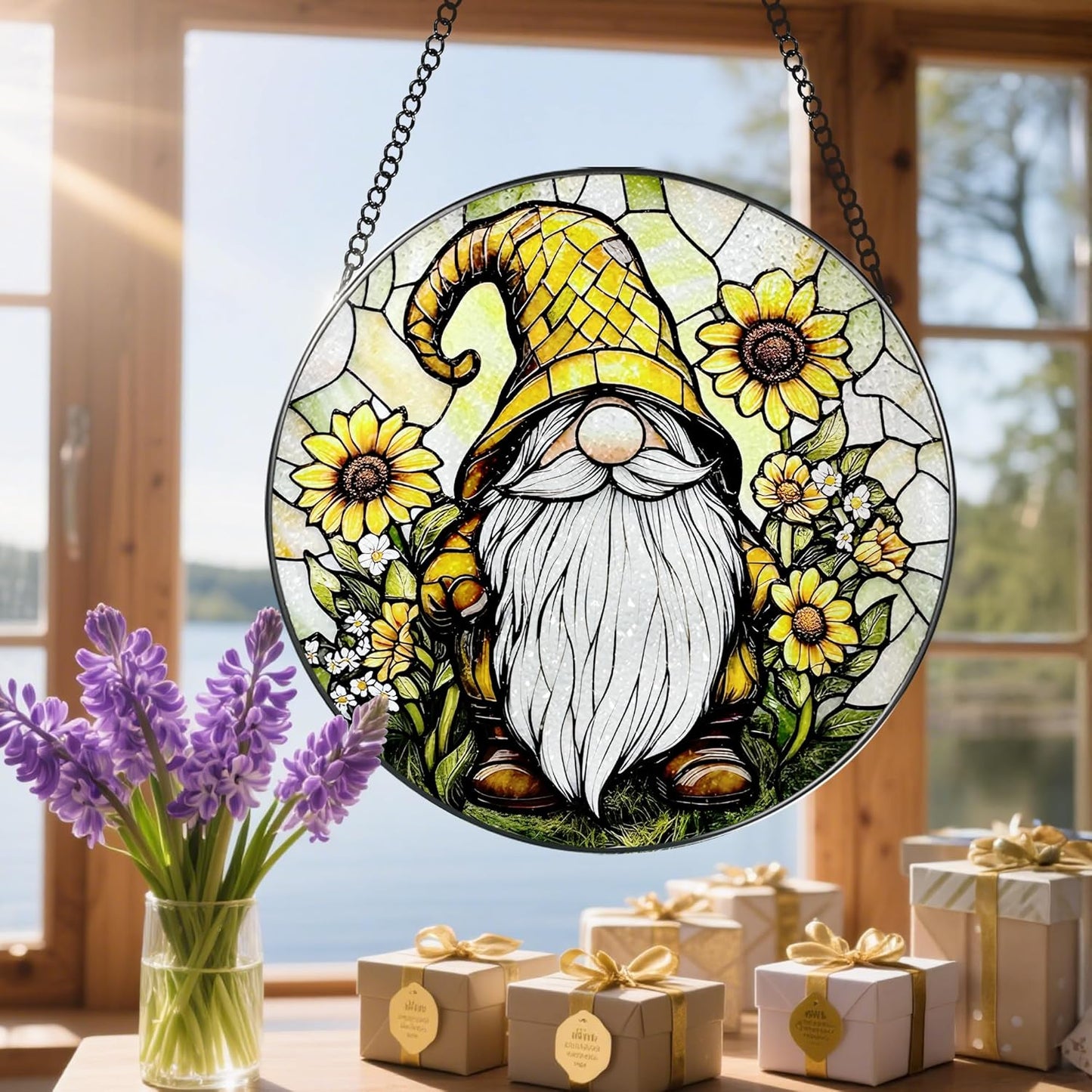 8″ Stained Glass Window Hanging Ornament, Sunflower Gnome Stained Glass Suncatcher Ornament, Sun-Catcher Window Decor | Christmas & Birthday Gifts, Festival Gifts | Gift for Her