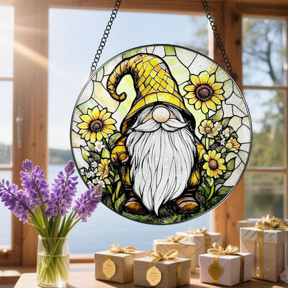 8″ Stained Glass Window Hanging Ornament, Sunflower Gnome Stained Glass Suncatcher Ornament, Sun-Catcher Window Decor | Christmas & Birthday Gifts, Festival Gifts | Gift for Her