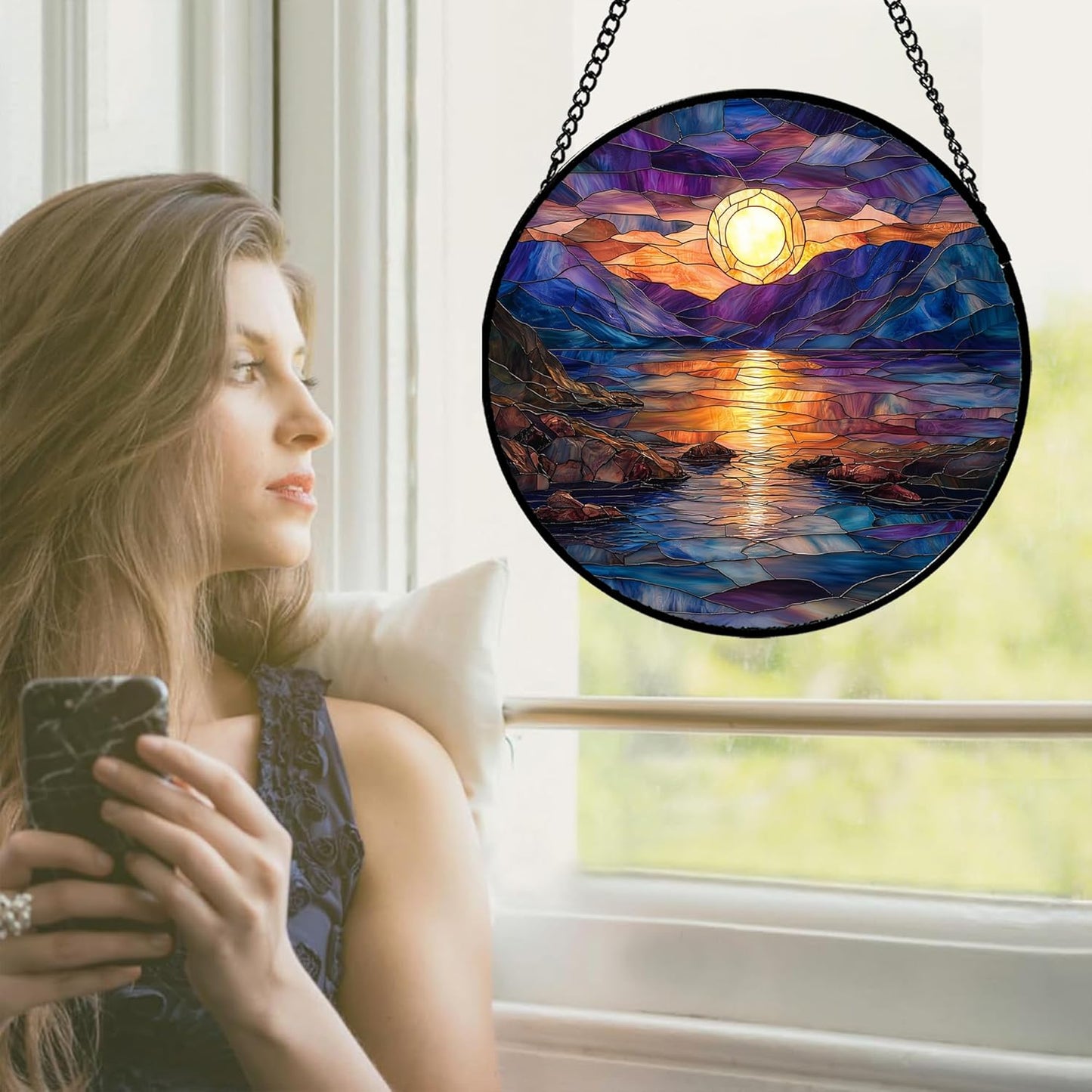 Stained Glass Window Hanging - Blue Purple Lake View Suncatcher for Door Terrace Garden Home Decor Sunset Landscape Sun Catcher Birthday Gifts for Lovers Women Men Dad Mom Nana 7.8 in