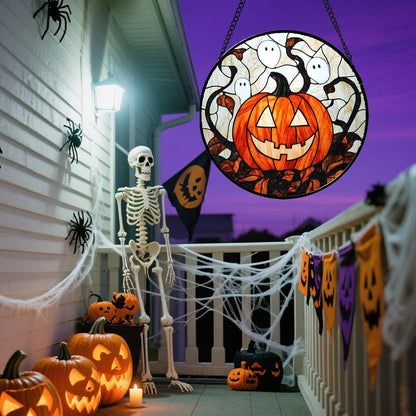 Stained Glass Window Hanging - Halloween Decorations Pumpkin Ghost Suncatcher for Doors Garden Indoor Spooky Funny Orange Sun Catchers Gothic Decor Horror Gifts for Women Men Friend 7.8 in