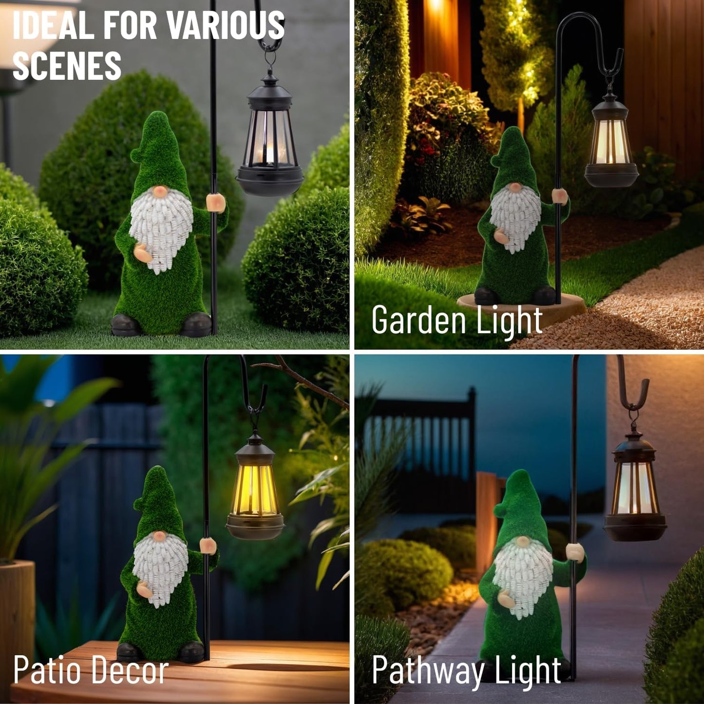 Garden Gnome with Solar Lantern, Grass-Like Flocked Hat, Outdoor Garden Figurine Lights, Unique Gift for Women, Mom, Friends (Green Flocked Gnome)