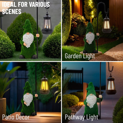 Garden Gnome with Solar Lantern, Grass-Like Flocked Hat, Outdoor Garden Figurine Lights, Unique Gift for Women, Mom, Friends (Green Flocked Gnome)