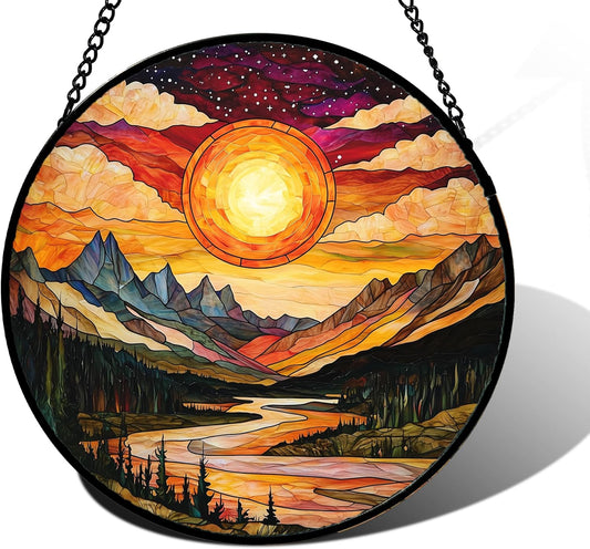 Stained Glass Window Hanging, Dusk Sunset Landscape Sun Catchers Glass Panel Lakes and Mountains