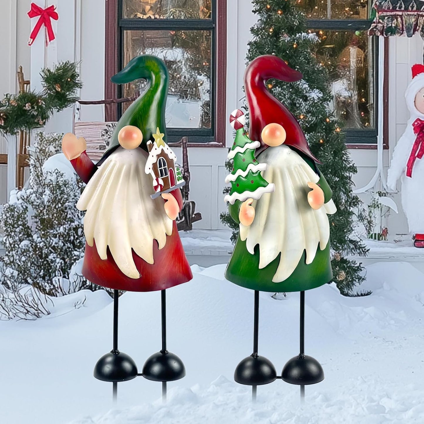 HONGLAND Outdoor Christmas Decorations, 2 PCS Metal Gnome Yard Art Christmas Gnomes 18 Inch Gnome Xmas Decorations for Outside Holiday Lawn Patio Yard Garden Decor