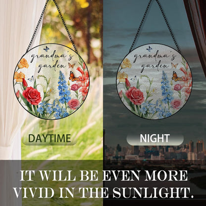 Grandma's Garden Flower Suncatcher Stained Glass Window Hanging, Grandma's Garden Gifts Sun Catchers Indoor Window Glass Round Wall Decor, Floral Wall Art Hanging Decorations, ＂7.8x7.8＂