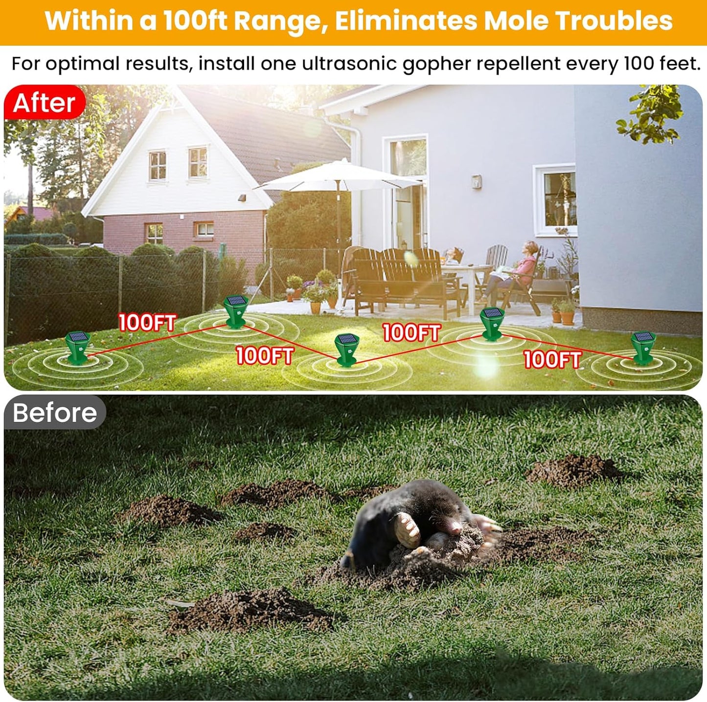 Mole Repellent Solar Powered Ultrasonic,6 Pack Gopher Repellent Outdoor for Lawn Garden Yard,Waterproof Mole Killer Traps,Sonic Spikes Get Rid of All Pests Gopher Vole Groundhog Chipmunk Snake-Green
