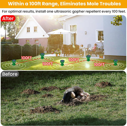 Mole Repellent Solar Powered Ultrasonic,6 Pack Gopher Repellent Outdoor for Lawn Garden Yard,Waterproof Mole Killer Traps,Sonic Spikes Get Rid of All Pests Gopher Vole Groundhog Chipmunk Snake-Green