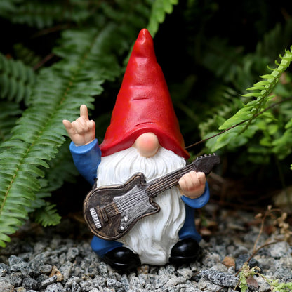 Garden Gnome with Guitar 7.1“ Figurine Ornament for Indoor Outdoor Home Patio Yard Lawn, Red Hat, Blue Outfit, Indoor Outdoor Decorative Statue