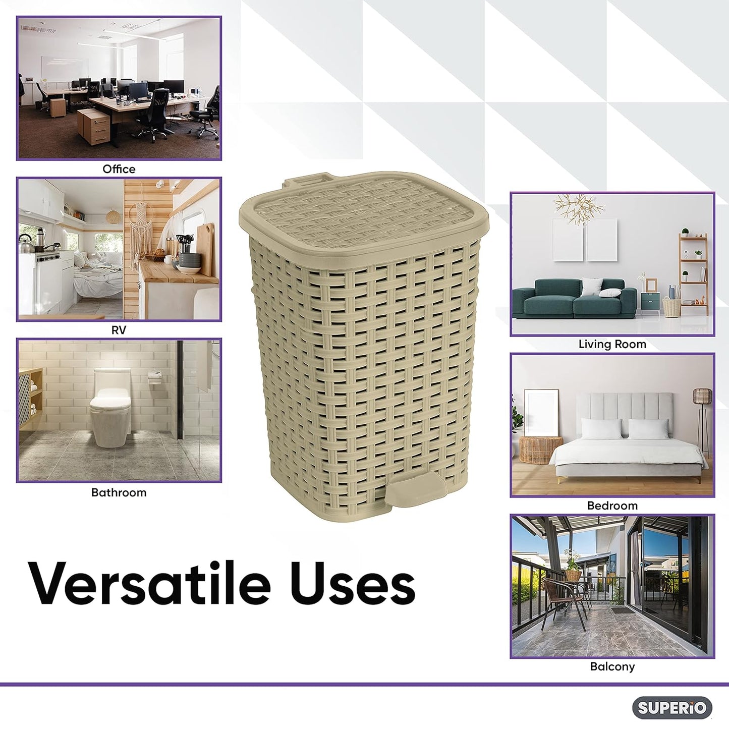 Small Outdoor Trash Can with Lid for Dog-Poop 1.5 Gallon/6 L Mini Plastic Garbage Can with Foot Pedal for Bathroom, Bedroom, Office, Patio, Wicker Beige