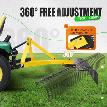 KUAFU 60In Landscape Rake, 3 Point Rake, 360 Rotation Compatible with Category 1, Cat1 Tractors Tow-Behind Garden Tool for Garden, Farm, Clearing Brush, Raking Arenas 2 Package Yellow
