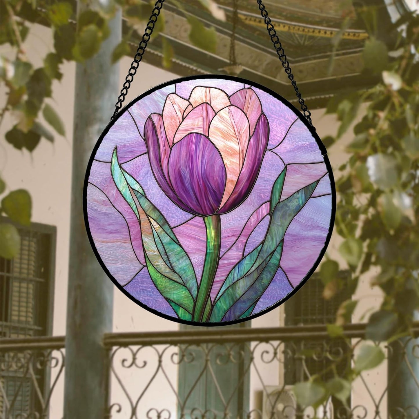 Stained Glass Window Hanging 4 Pcs Set Purple Flower Theme Large 15" - Tulip Suncatcher Door Garden Sun Catcher Decor Birthday Christmas for Plant Lovers Woman Nana Men