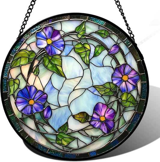 Stained Glass Window Hanging, Purple Morning Glory Flowers Suncatcher for Doors Window Home Plant