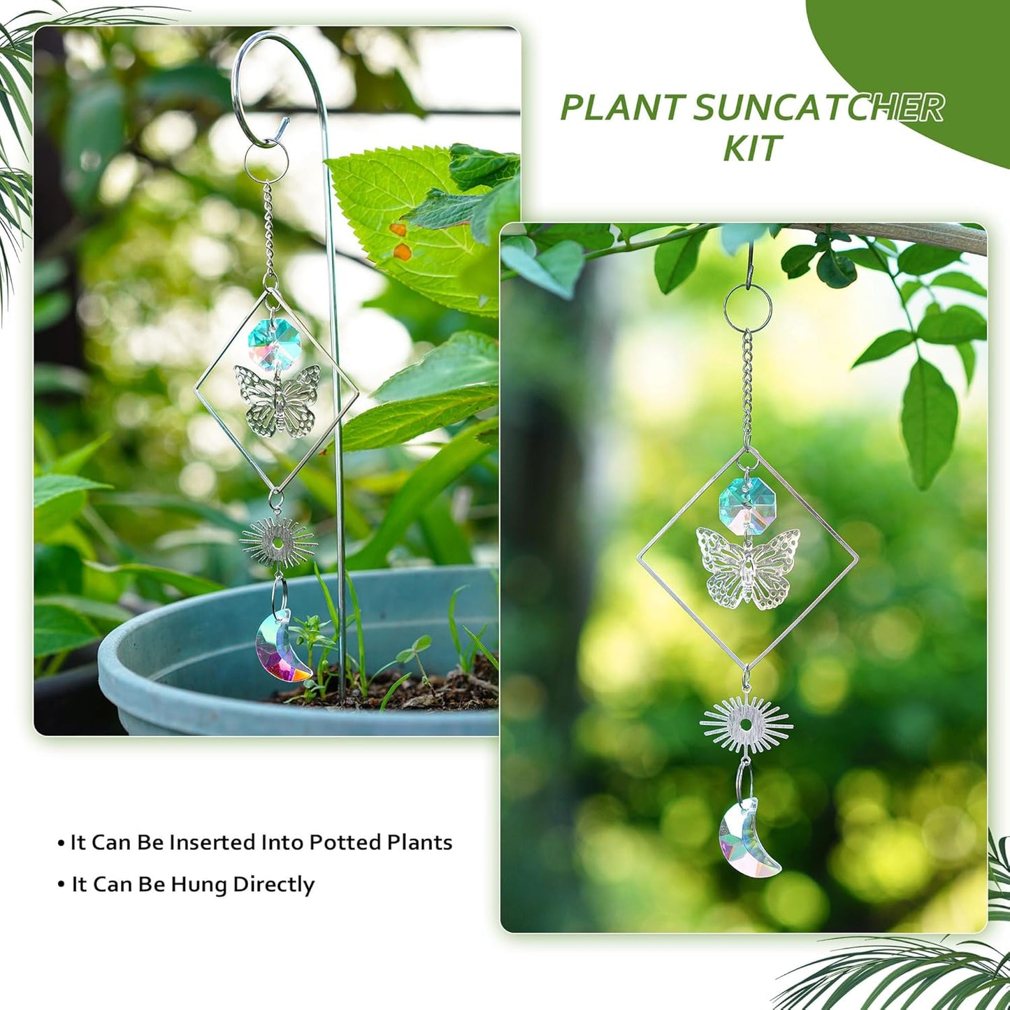 HDCRYSTALGIFTS 4 Pack Crystal Sun Catchers with Small Trellis for Potted Plants Indoor Plant Stake Suncatcher Decoration for Home Window Garden, Sliver