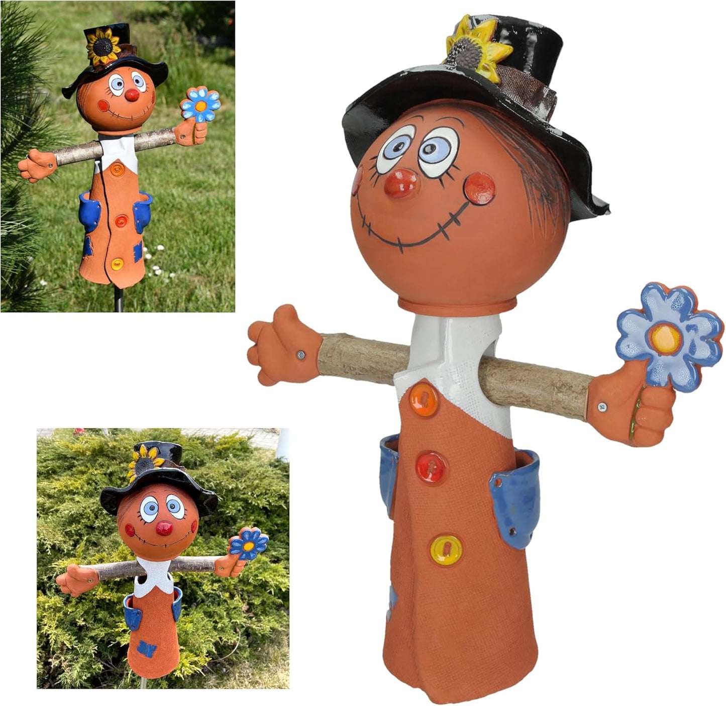 Ceramic Garden Decor - Scarecrow Lawn stake - Outdoor statue - Perfect, unique gifts for gardeners woman, men, yard gifts - Handmade, Frostproof