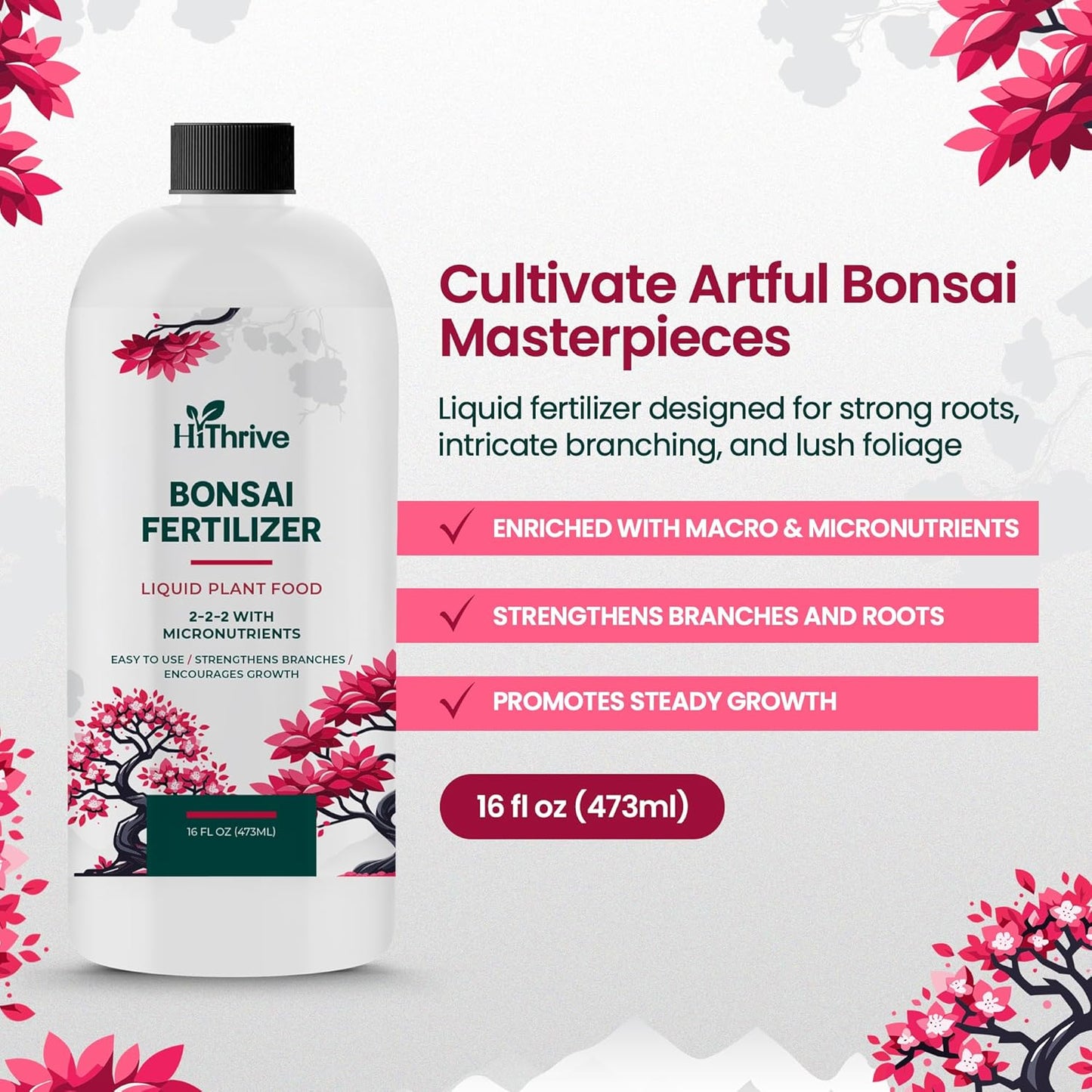 16oz Bonsai Tree Live Liquid Plant Food - Makes 32 Gallons of Bonsai Fertilizer Liquid, Premium Macronutrient Formula Enriched with Micronutrients for Healthy Roots, Branching & Foliage