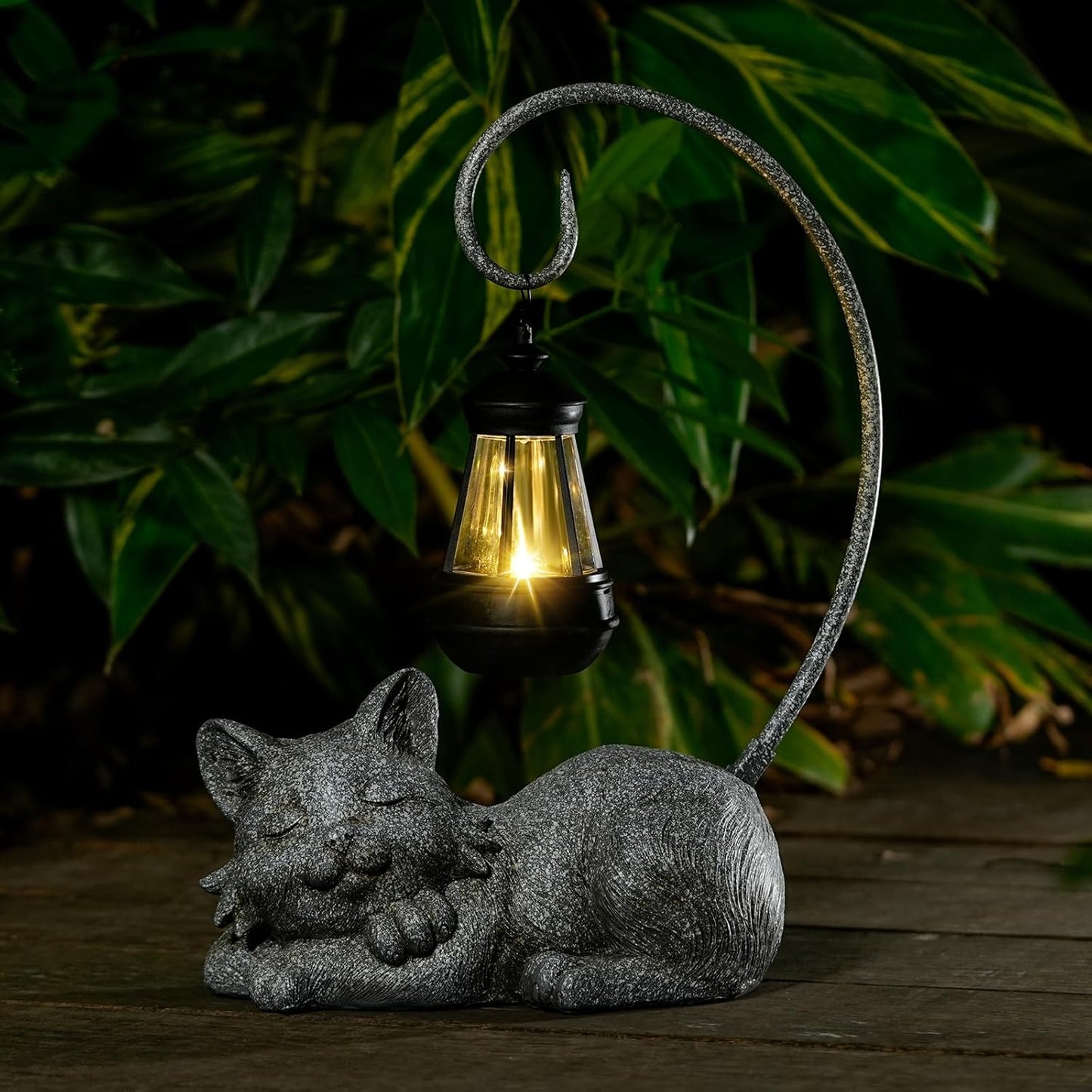 Outdoor Cat Figurine Garden Statue with Solar-Powered LED Light 13.77 Inches Tall Gift Garden Statue Decor for Cat Lovers Marbled