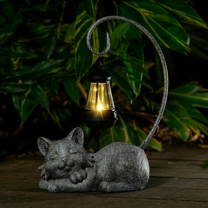 Outdoor Cat Figurine Garden Statue with Solar-Powered LED Light 13.77 Inches Tall Gift Garden Statue Decor for Cat Lovers Marbled