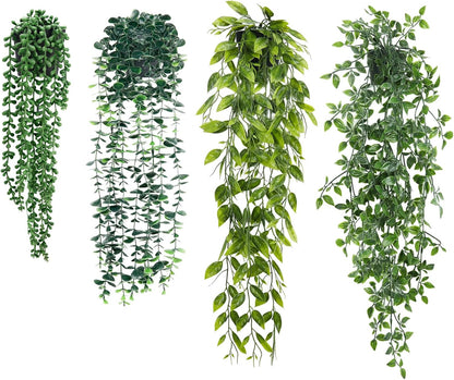 Artificial Hanging Plants for Shelf, 4-Pack Fake Potted Greenery Faux Plant in Pot for Vintage Farmhouse Bathroom Office Desk Wall Bookshelf Room Accessories Décor