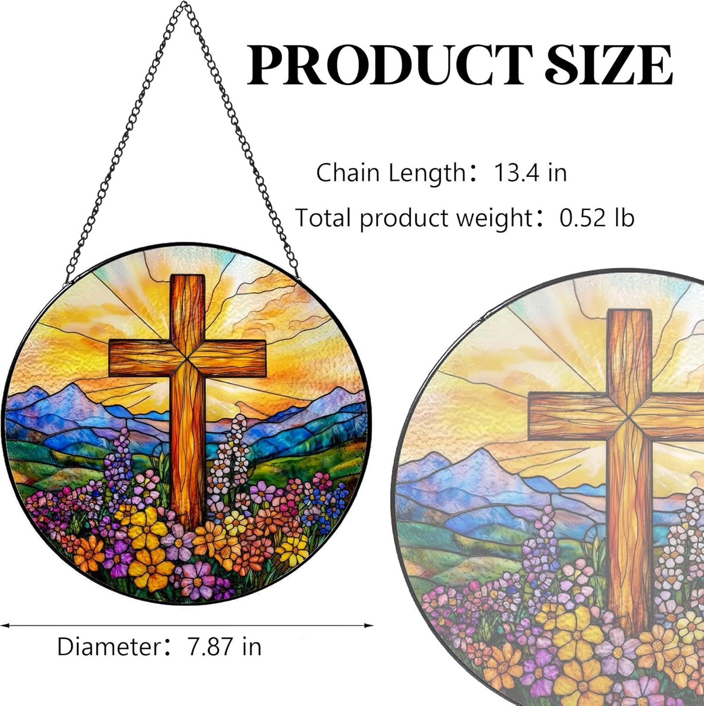 Cross and Wildflowers Stained Glass Sun Catcher - Handmade 7.87 Inch Christian Decor, Stained Glass Window Hanging, Christian Gift, Religious Decor Gift for Friends, Family, Classmates