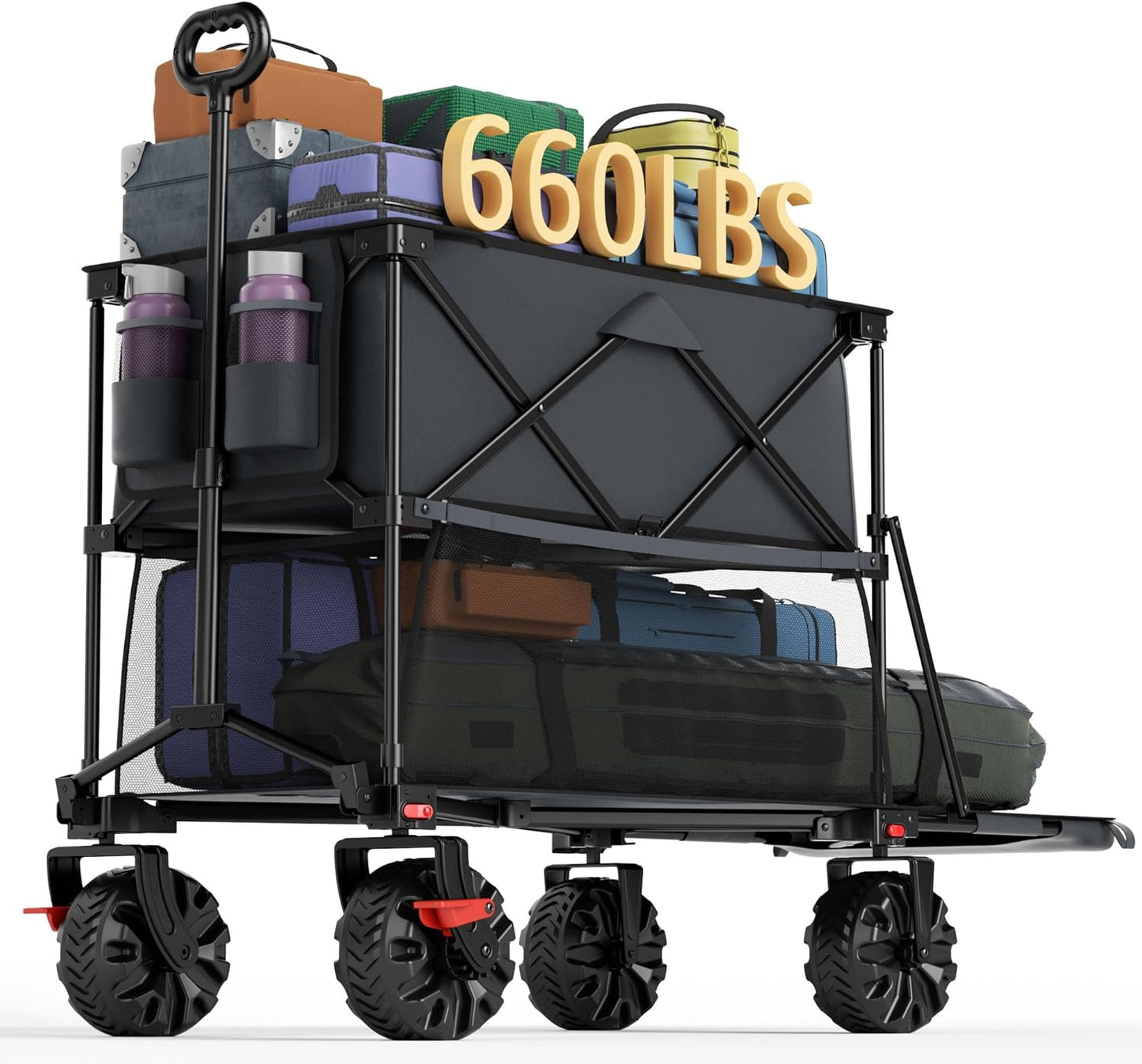 Portal Collapsible Large Double Decker Wagon with Brakes, 660lb Foldable Heavy Duty Utility Wagon Cart, 400L All-Terrain Big Wheels & 54" Extra Long Extender for Sports, Camping & Outdoor Use