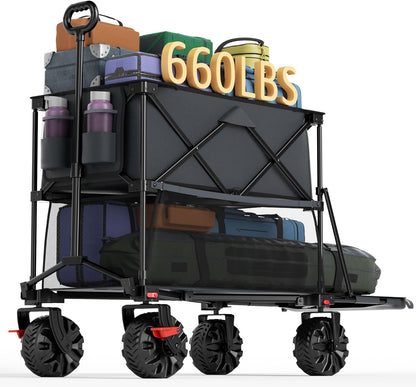 Portal Collapsible Large Double Decker Wagon with Brakes, 660lb Foldable Heavy Duty Utility Wagon Cart, 400L All-Terrain Big Wheels & 54" Extra Long Extender for Sports, Camping & Outdoor Use