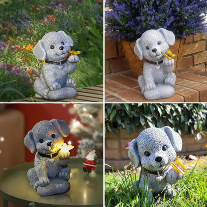 Solar Dog Outdoor Statues Garden Decor with Butterfly LED Lights Dog Statues for Patio Balcony Yard Lawn Ornament, Birthday Gardening Gifts for Mom Grandma Women