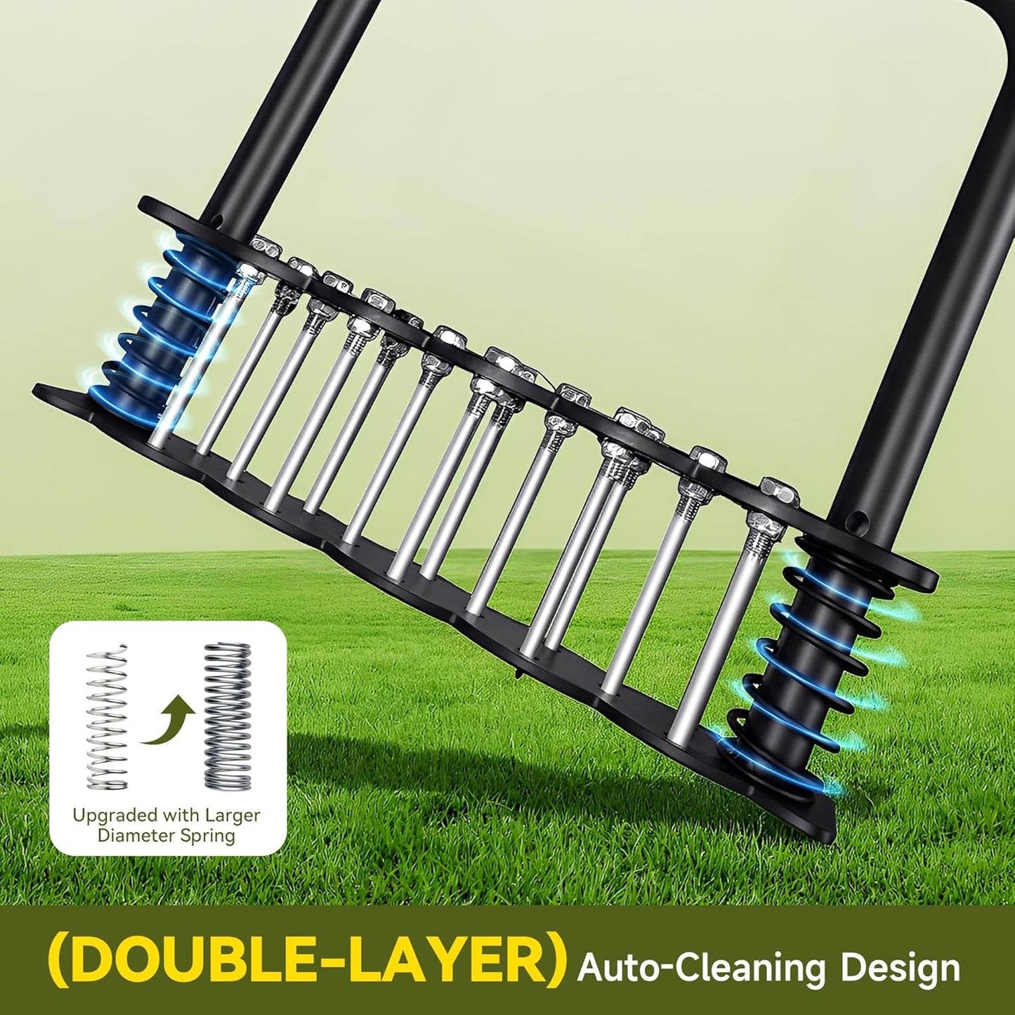 Upgraded Lawn Aerator Tool with 14 Steel Spikes, Hand Grass Aerator Spike Tool Manual Lawn Aerators with Spring-Loaded Design&Automatic Leaf and Dirt Cleaning for Yard, Garden Black